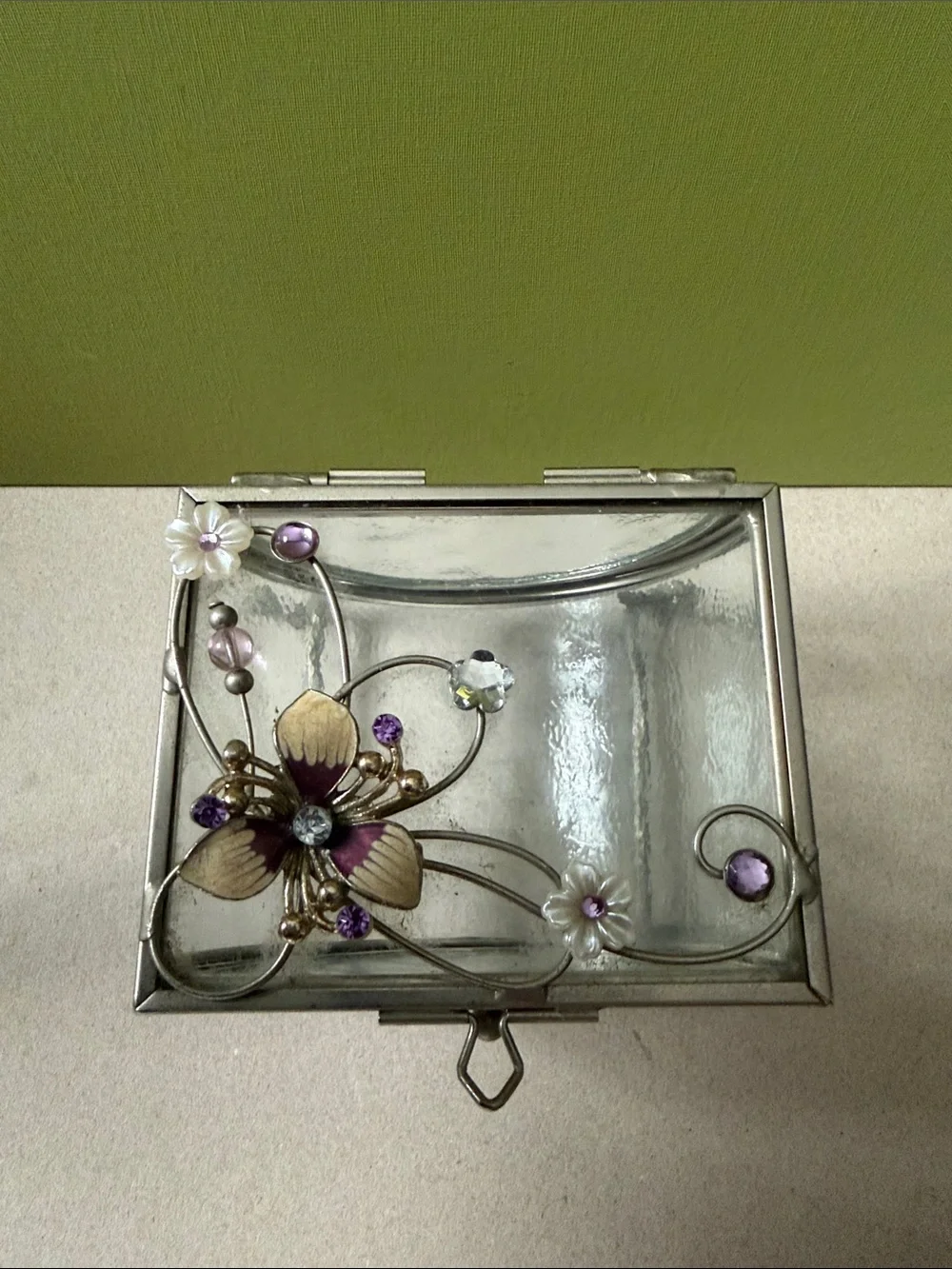 Glass Jewelry Box with Purple Floral Accents